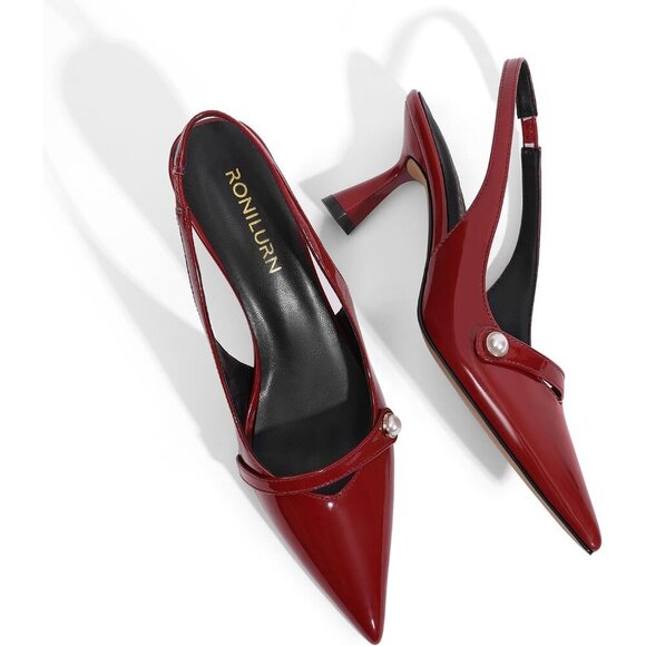 🆕 Women Burgundy Polyurethane Kitten Heels Slingback Pearl Pumps - Picture 3 of 8